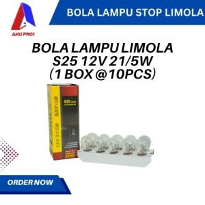BOLA LAMPU MOTOR / BOHLAM STOP / REM LIMOLA S25 (12V, 21/5W) (1 BOX @10 PCS)