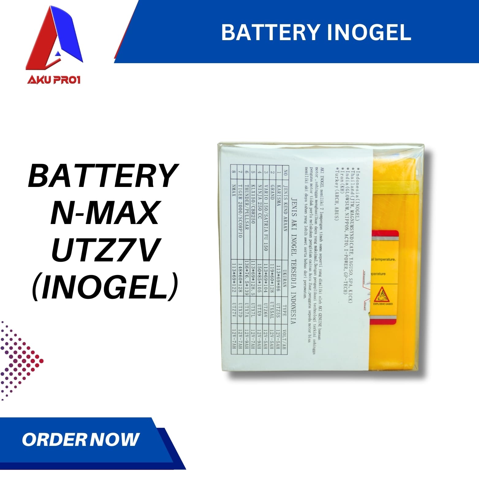 AKI / BATTERY MOTOR NMAX / AEROX / LEXI UTZ7V INOGEL (12V-7AH/10HR) - Gambar 3